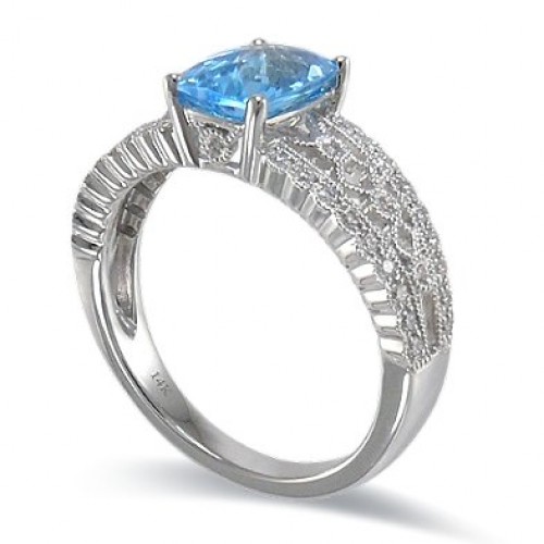 14K White Gold Blue Topaz With Diamond Ring