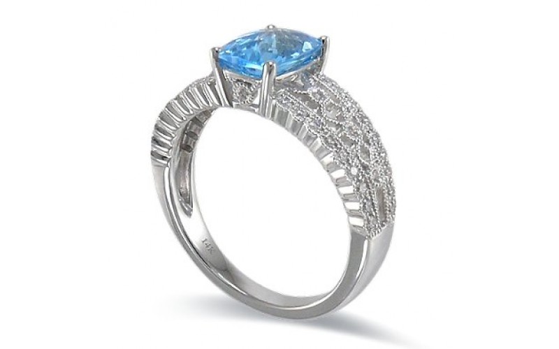 14K White Gold Blue Topaz With Diamond Ring