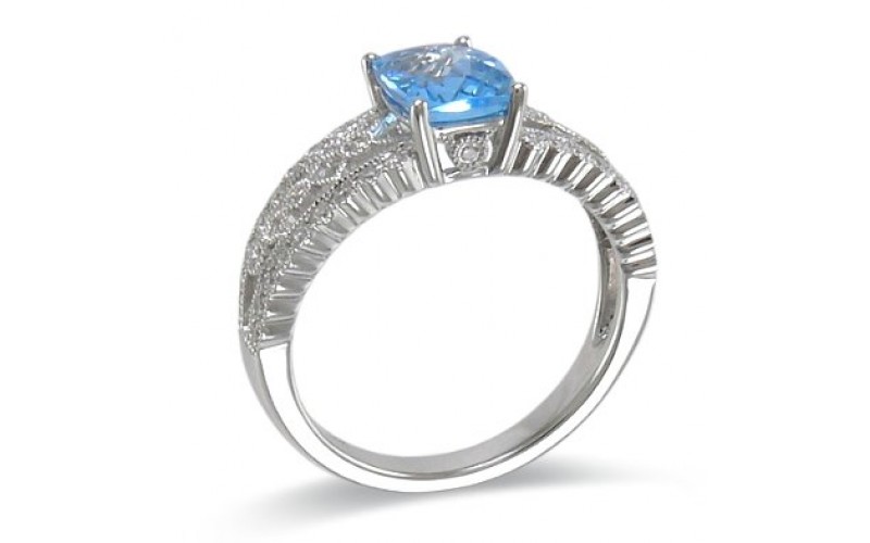14K White Gold Blue Topaz With Diamond Ring