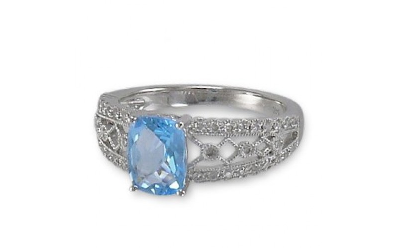 14K White Gold Blue Topaz With Diamond Ring