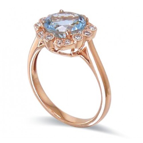 14K Rose Gold Aquamarine With Diamond Ring