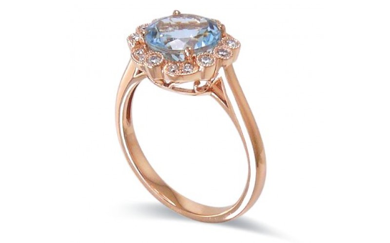 14K Rose Gold Aquamarine With Diamond Ring