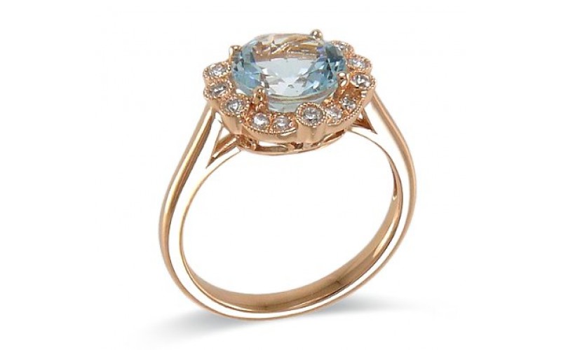 14K Rose Gold Aquamarine With Diamond Ring