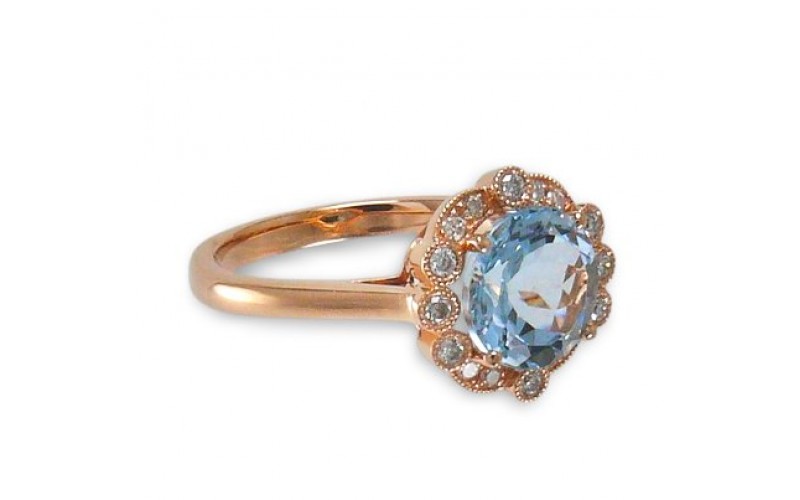 14K Rose Gold Aquamarine With Diamond Ring