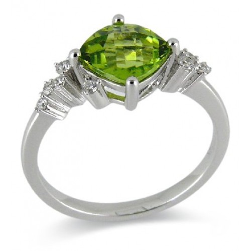 14K White Gold Peridot With Diamond Ring