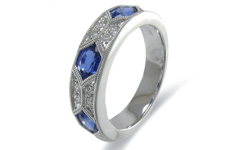 14K White Gold Sapphire With Diamond Ring