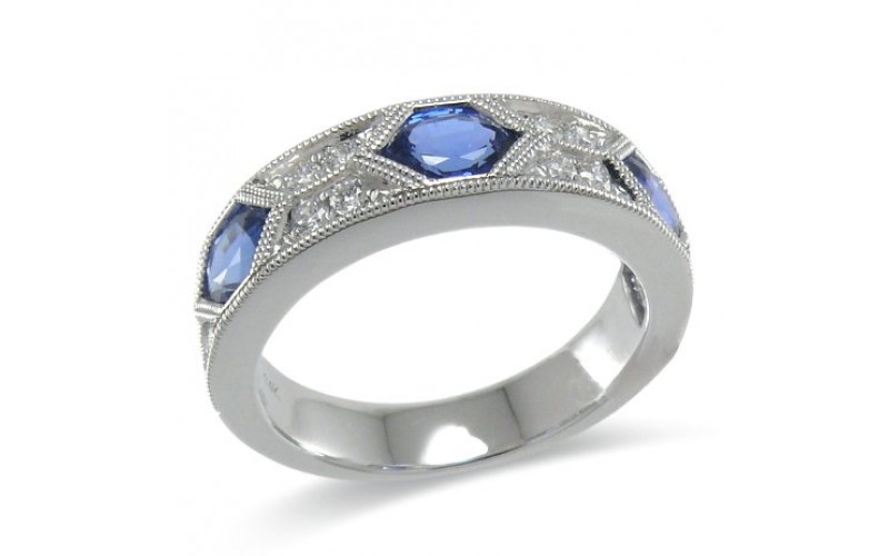 14K White Gold Sapphire With Diamond Ring
