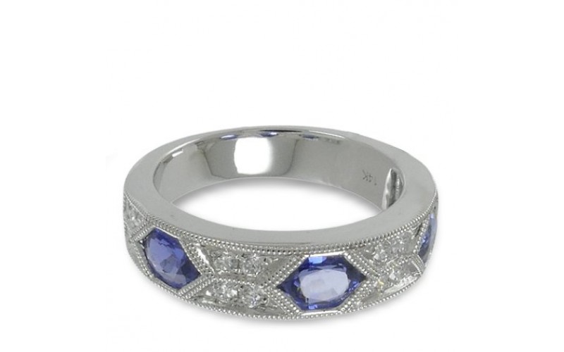 14K White Gold Sapphire With Diamond Ring