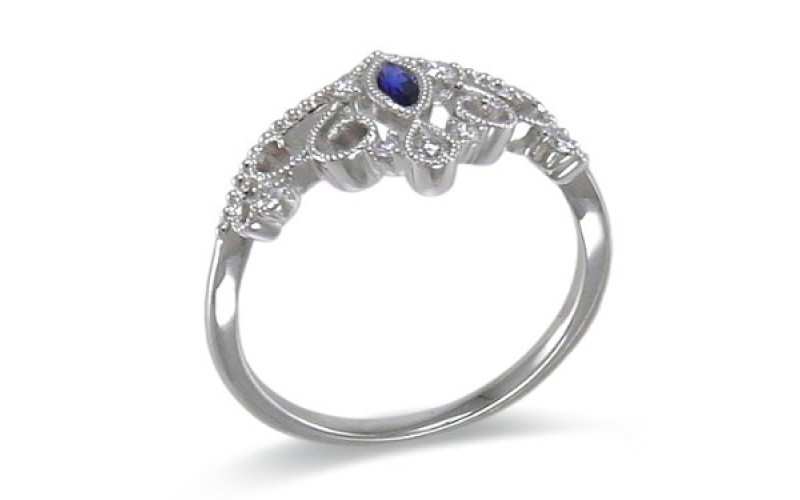14K White Gold Sapphire With Diamond Ring