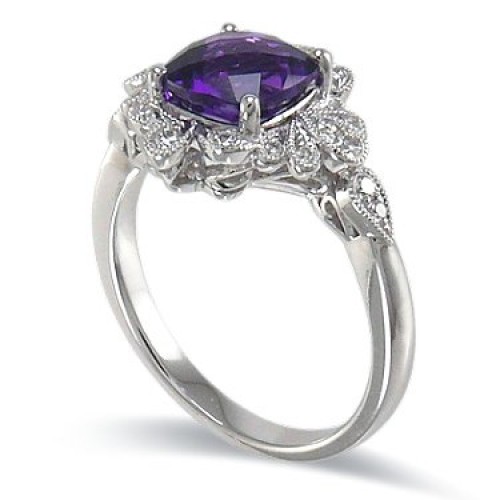 14K White Gold Amethyst With Diamond Ring