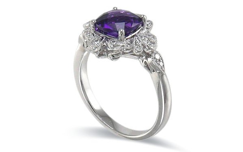 14K White Gold Amethyst With Diamond Ring