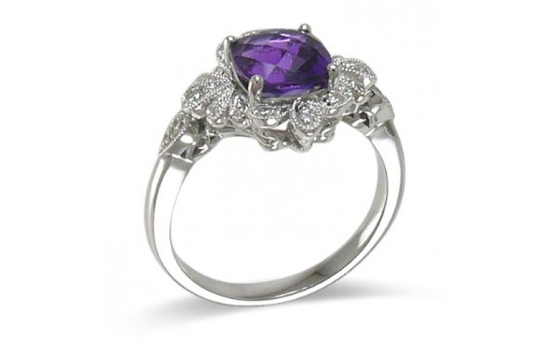 14K White Gold Amethyst With Diamond Ring
