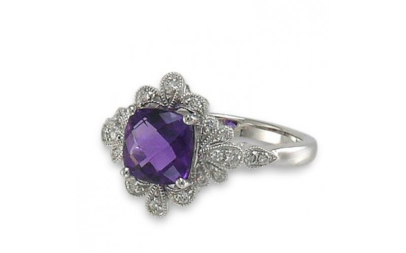 14K White Gold Amethyst With Diamond Ring