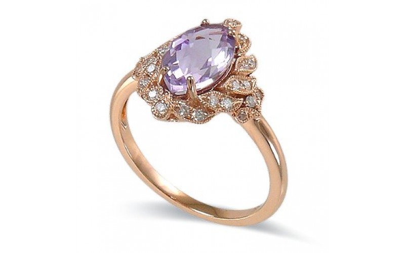 14K Rose Gold Amethyst With Diamond Ring