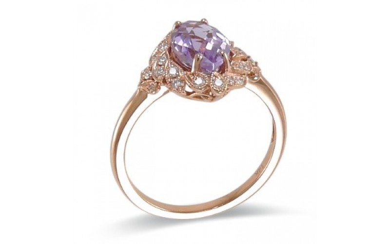 14K Rose Gold Amethyst With Diamond Ring