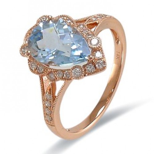 14K Rose Gold Aquamarine With Diamond Ring