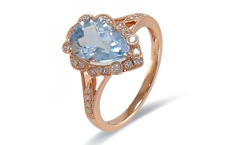 14K Rose Gold Aquamarine With Diamond Ring
