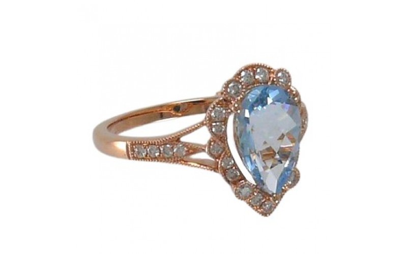 14K Rose Gold Aquamarine With Diamond Ring