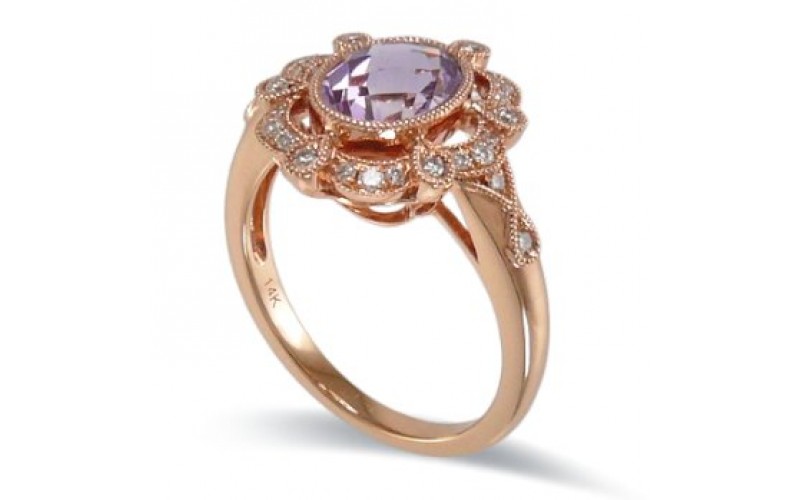 14K Rose Gold Pink Amethyst with Diamond Rimg