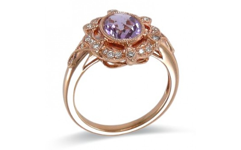 14K Rose Gold Pink Amethyst with Diamond Rimg