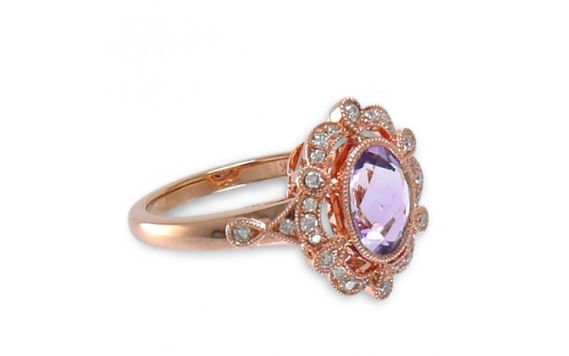 14K Rose Gold Pink Amethyst with Diamond Rimg