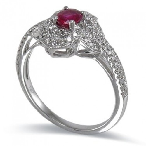 14K White Gold Ruby With Diamond Ring