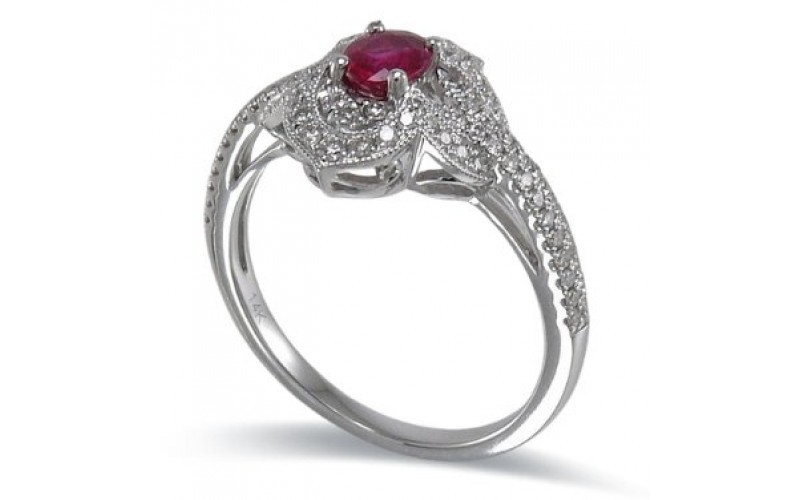 14K White Gold Ruby With Diamond Ring