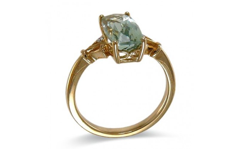 14K Yellow Gold Green Amethyst With Diamond Ring