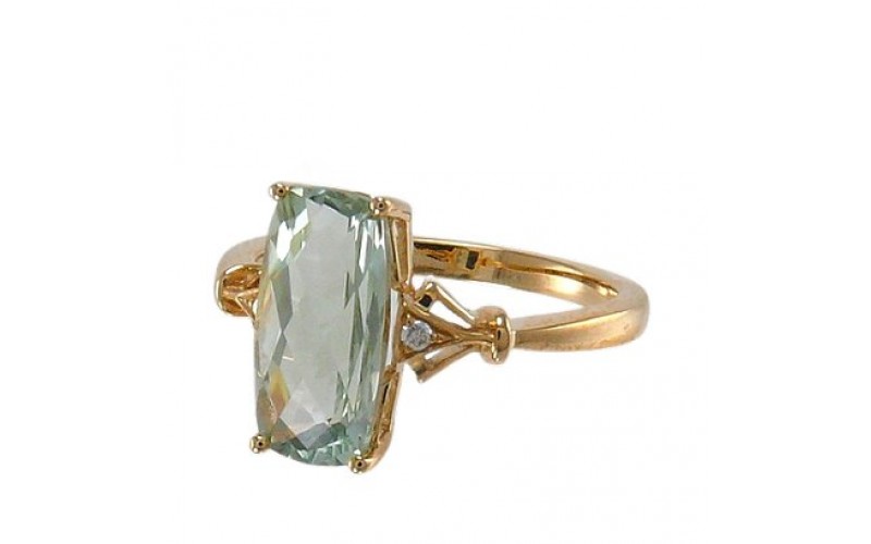 14K Yellow Gold Green Amethyst With Diamond Ring
