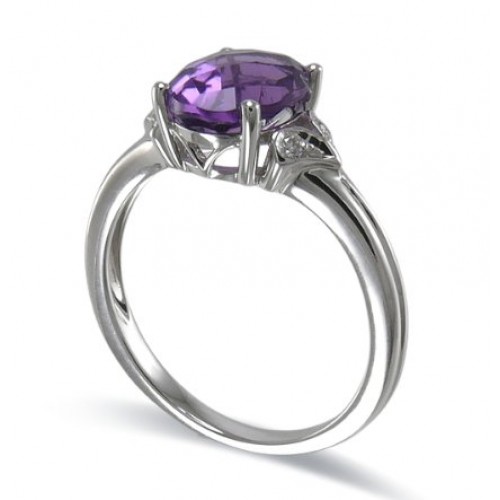 14K White Gold Amethyst With Diamond Ring