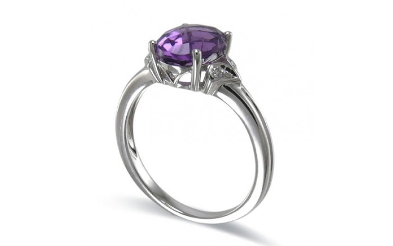 14K White Gold Amethyst With Diamond Ring