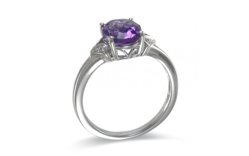 14K White Gold Amethyst With Diamond Ring