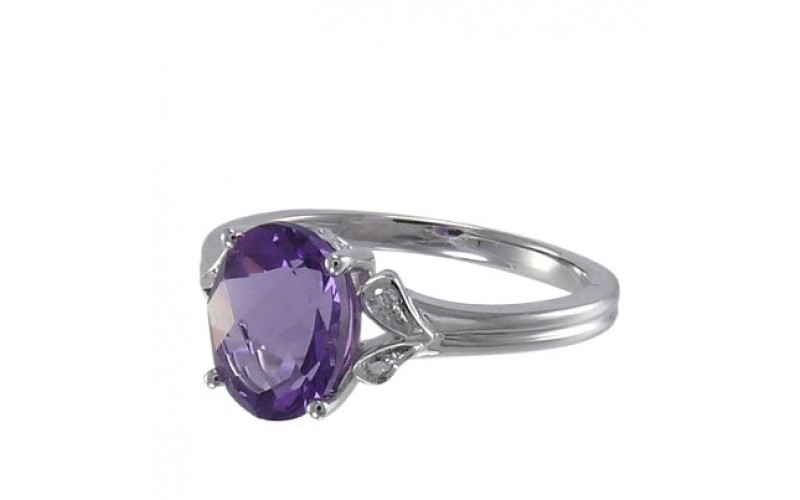 14K White Gold Amethyst With Diamond Ring