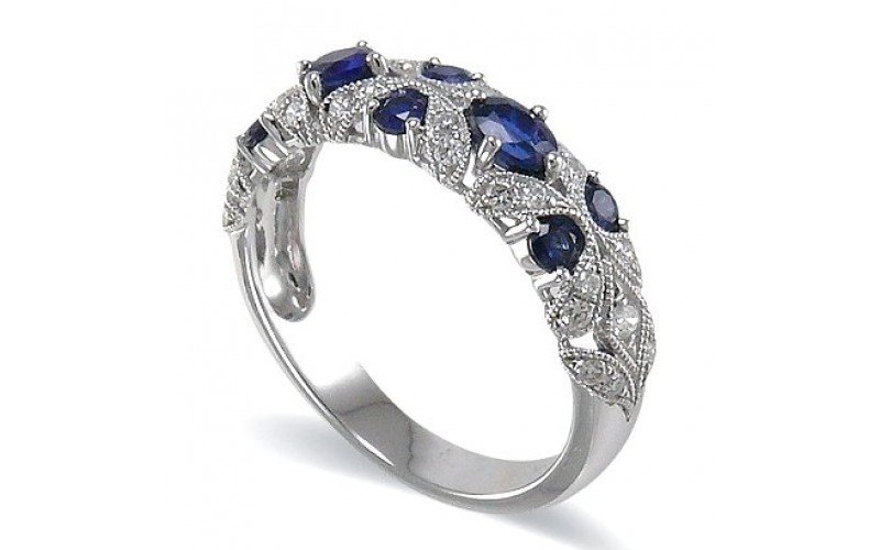 14K White Gold Sapphire With Diamond Ring