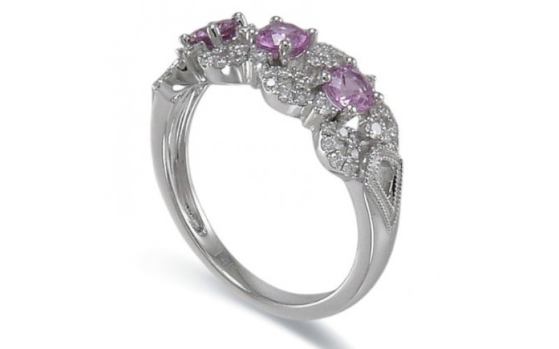 14K White Gold Pink Sapphire With Diamond Ring