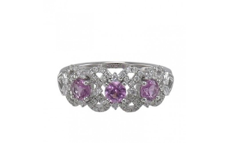 14K White Gold Pink Sapphire With Diamond Ring
