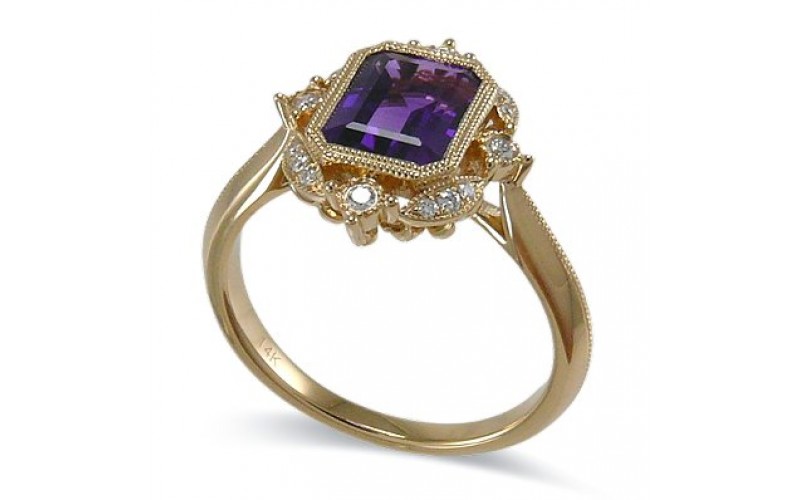 14K Yellow Gold Amethyst With Diamond Ring