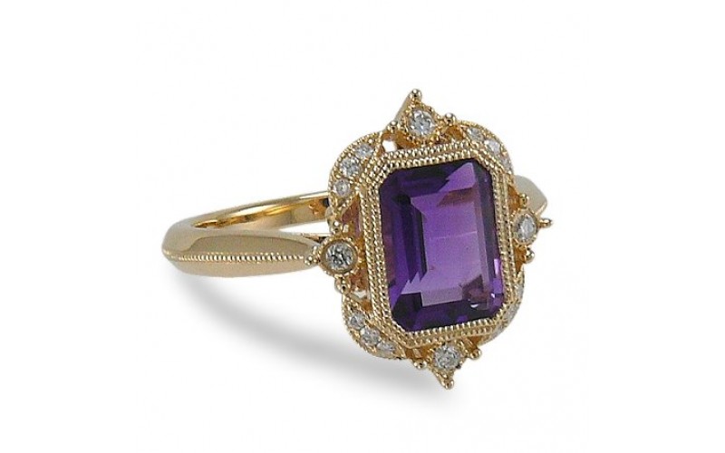 14K Yellow Gold Amethyst With Diamond Ring