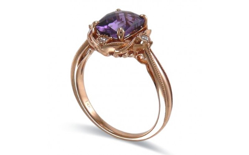 14K Rose Gold Amethyst With Diamond Ring