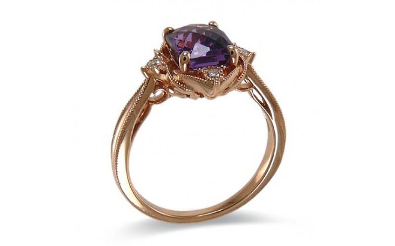 14K Rose Gold Amethyst With Diamond Ring