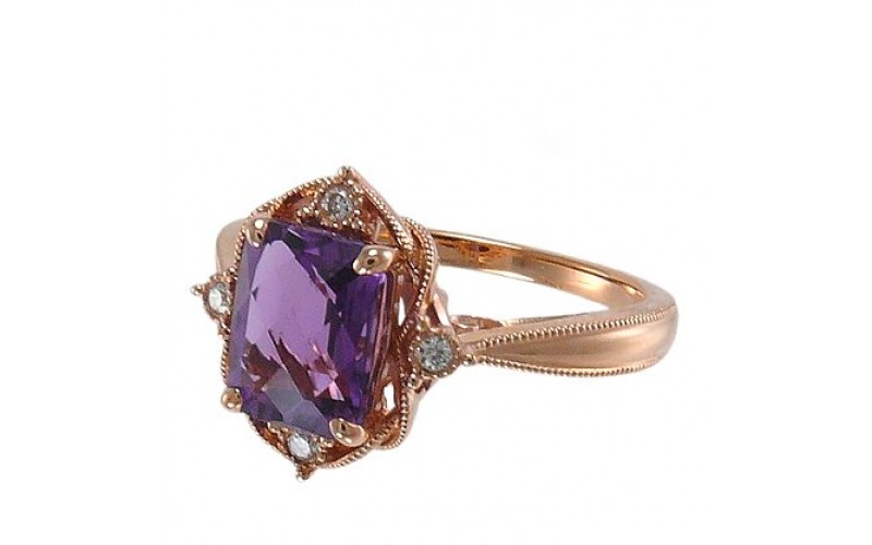 14K Rose Gold Amethyst With Diamond Ring