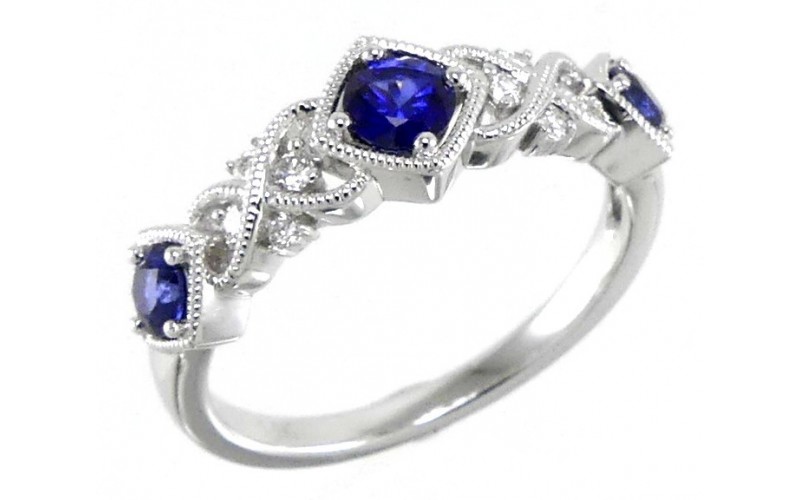 14K White Gold Sapphire With Diamond Ring