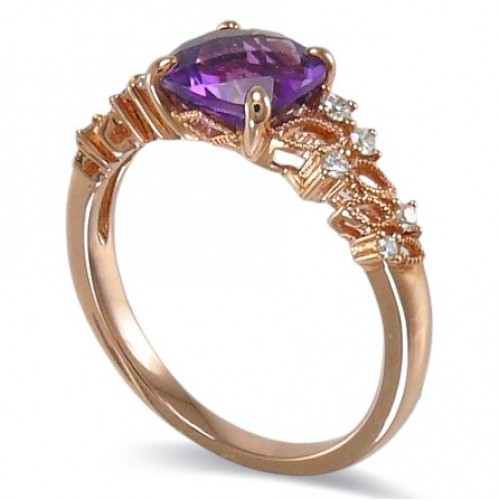 14K Rose Gold Amethyst With Diamond Ring