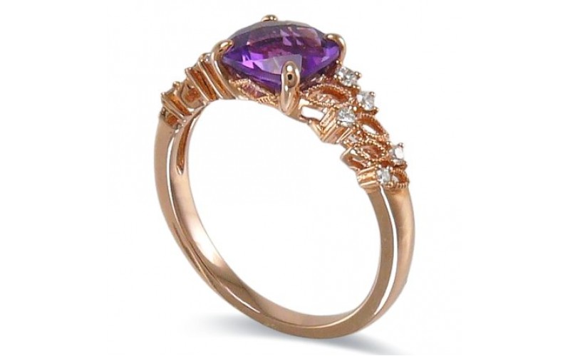 14K Rose Gold Amethyst With Diamond Ring