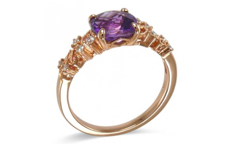 14K Rose Gold Amethyst With Diamond Ring