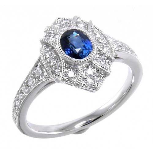 14K White Gold Sapphire With Diamond Ring