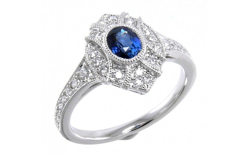 14K White Gold Sapphire With Diamond Ring