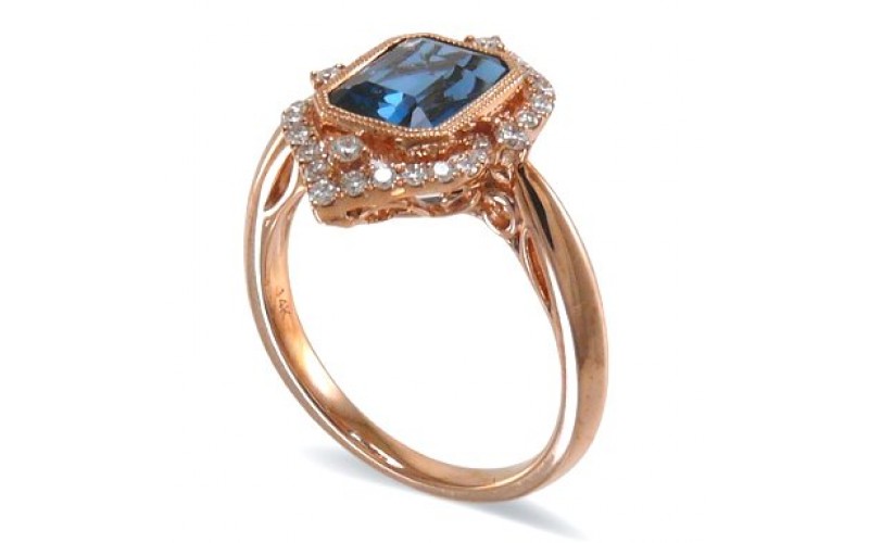 14K Rose Gold London BlueTopaz With Diamond Ring