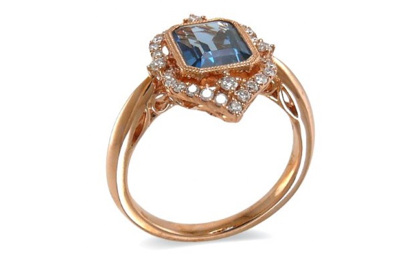 14K Rose Gold London BlueTopaz With Diamond Ring