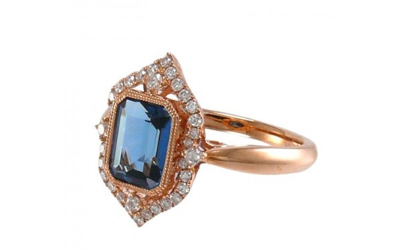 14K Rose Gold London BlueTopaz With Diamond Ring